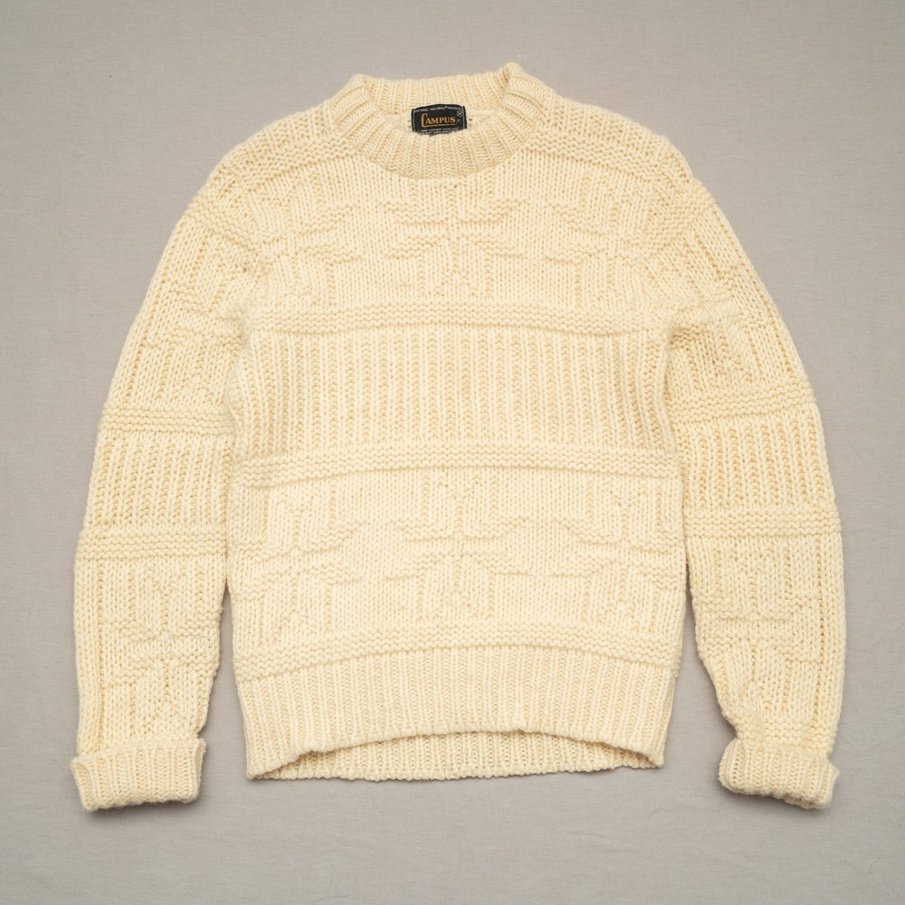Vintage 70s Campus Cable Knit Fisherman Sweater Adult M Wool Blend USA Made